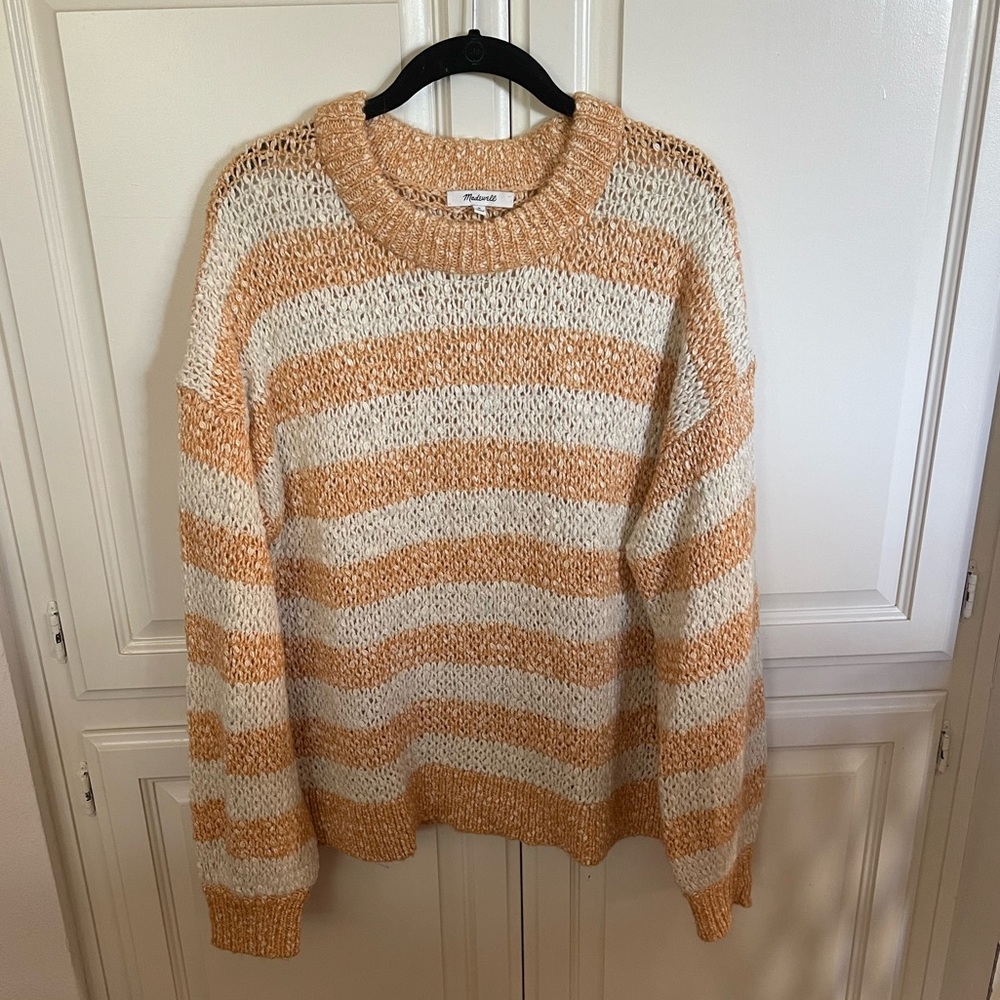 Madewell Baez Pullover Relaxed Sweater White Peach Stripe Medium peach and White